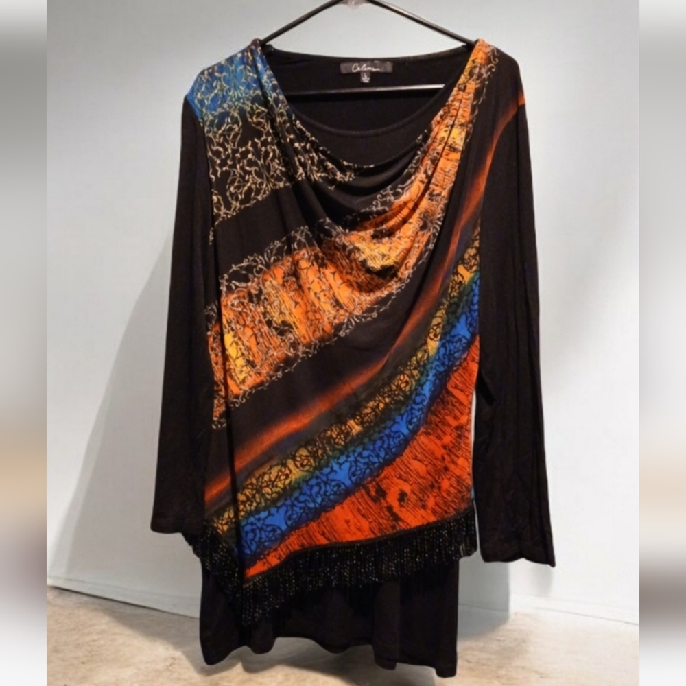 Calessa Black Fringe Funky Stripe Womans Shirt size Large Artsy Abstract